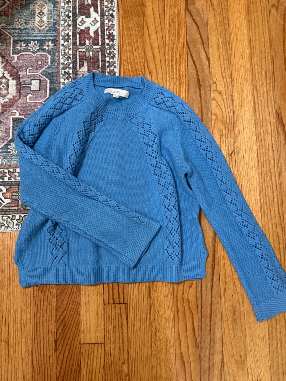 LOFT Women's Sky Blue Eyelet Cable Crewneck Sweater